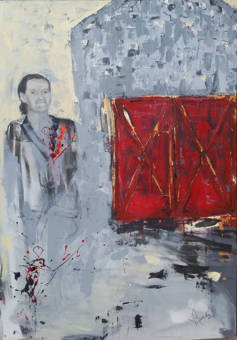 A painting of a man standing next to a red door.