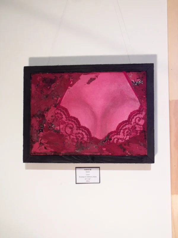 A picture of a pink lace bra hanging on the wall.