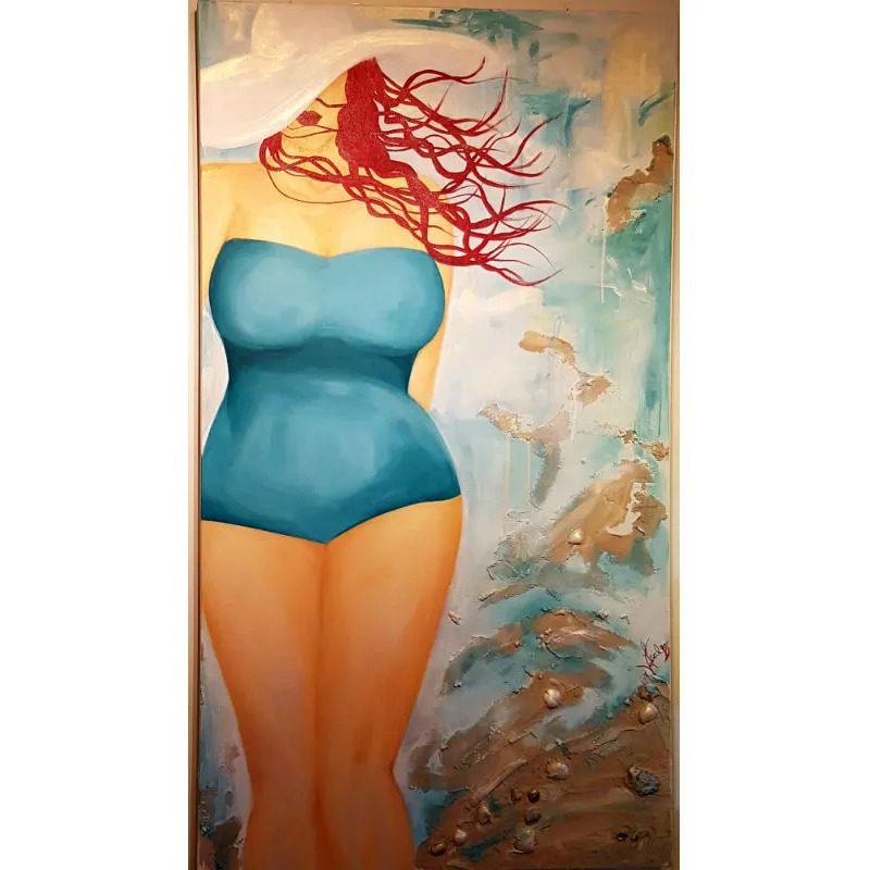 A painting of a woman in a blue bathing suit