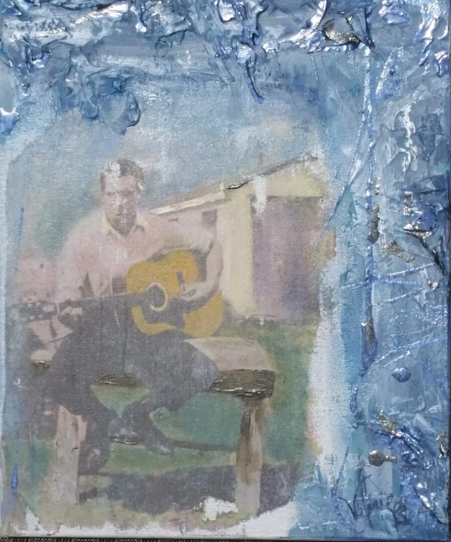 A painting of a man playing guitar in the middle of an outdoor area.