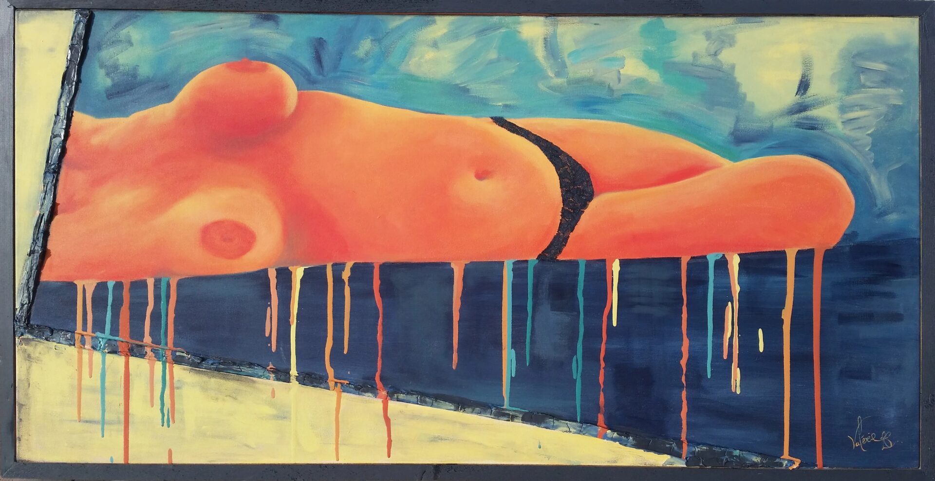 A painting of a naked woman with dripping paint.