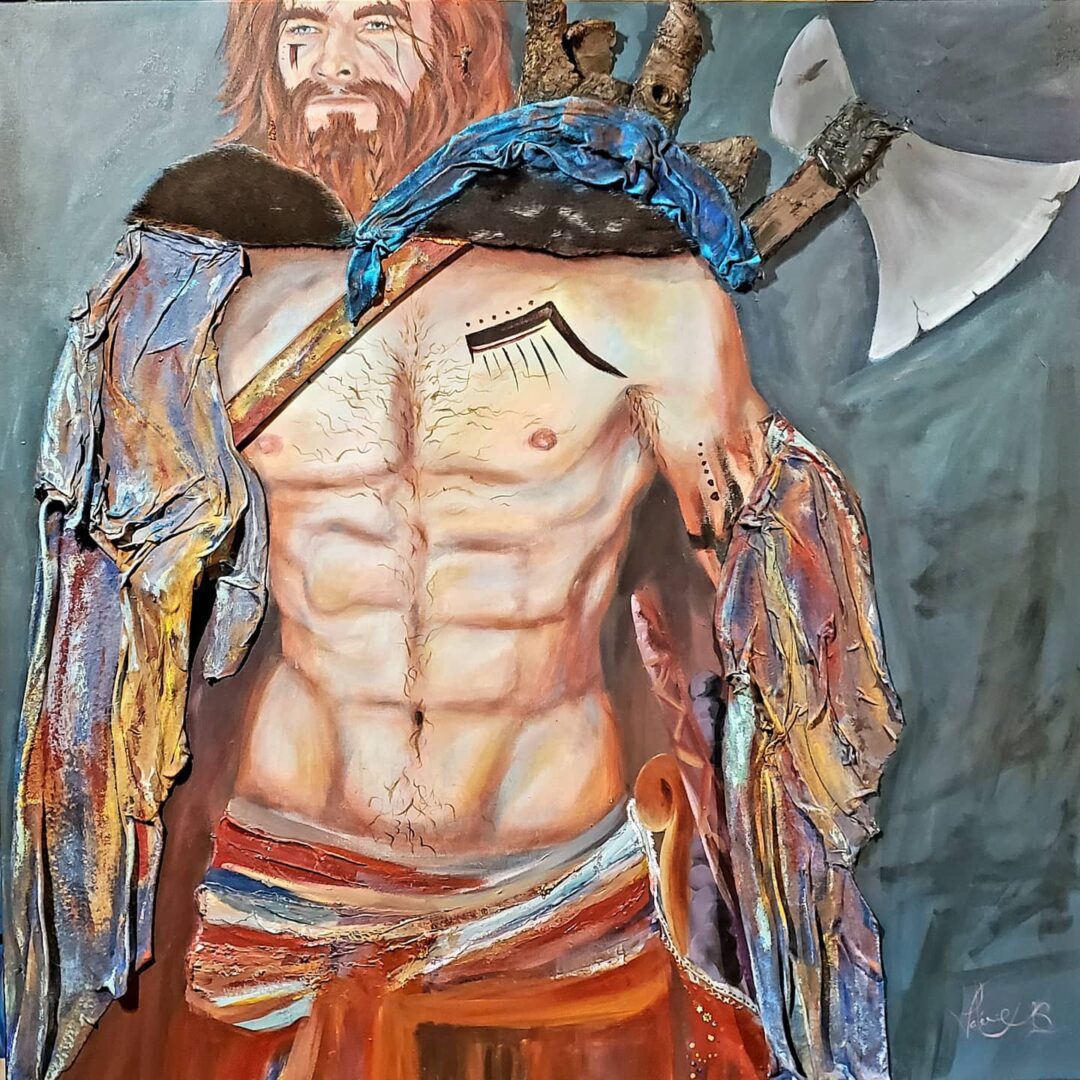 A painting of a man with an axe on his shoulder.