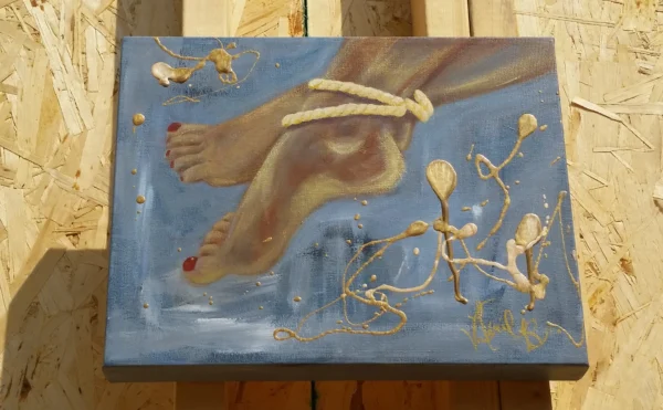 A painting of two feet tied to ropes.