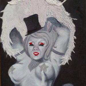 A painting of a woman with white hair and a top hat.