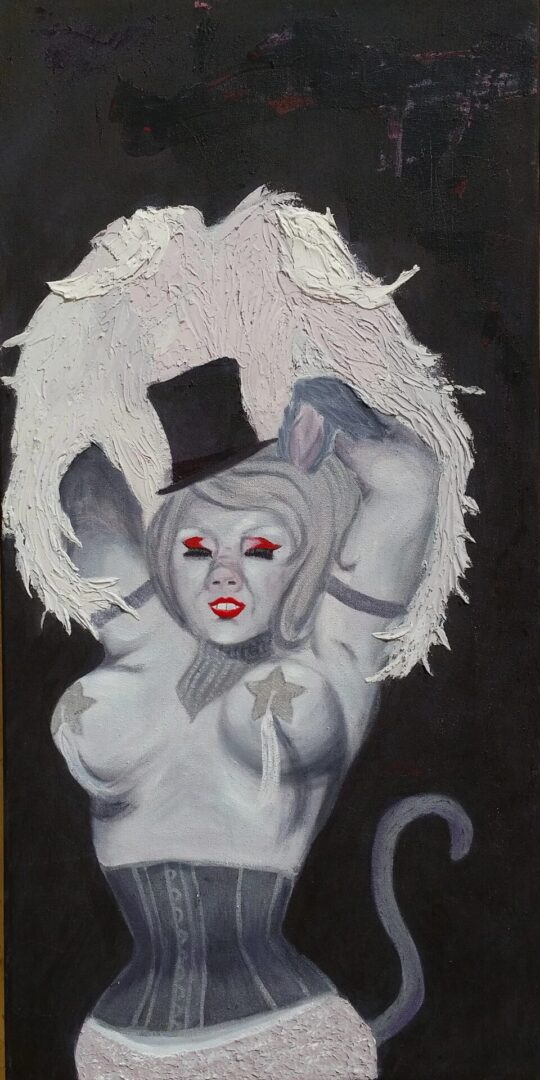 A painting of a woman with white hair and a top hat.