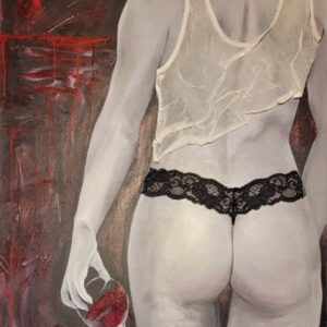 A painting of a woman in lingerie holding a cell phone.