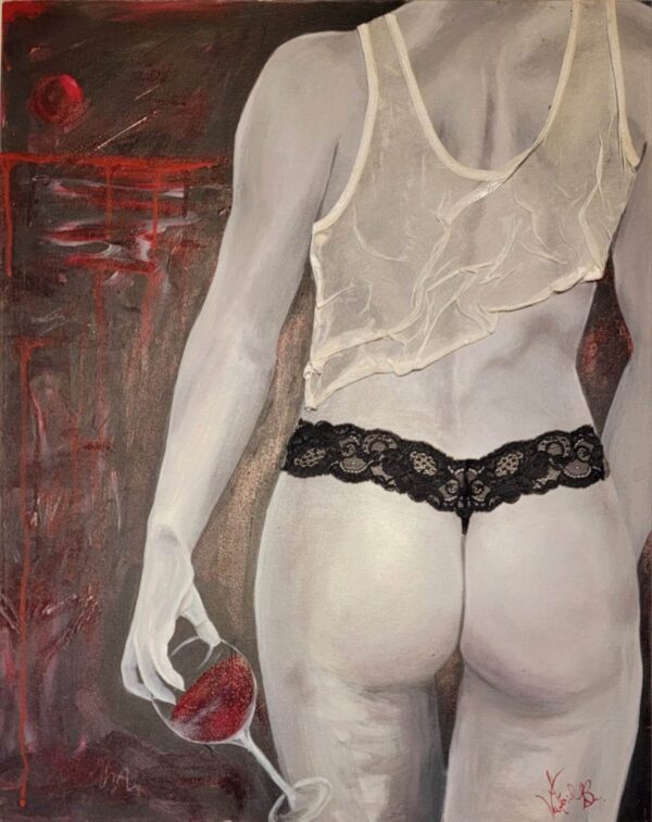 A painting of a woman in lingerie holding a cell phone.