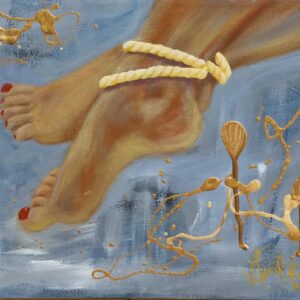 A painting of feet with yellow ropes on them.