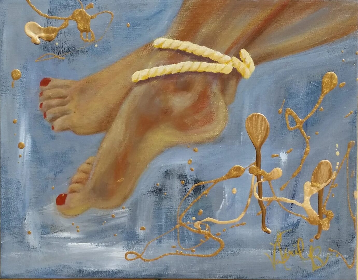 A painting of feet with yellow ropes on them.