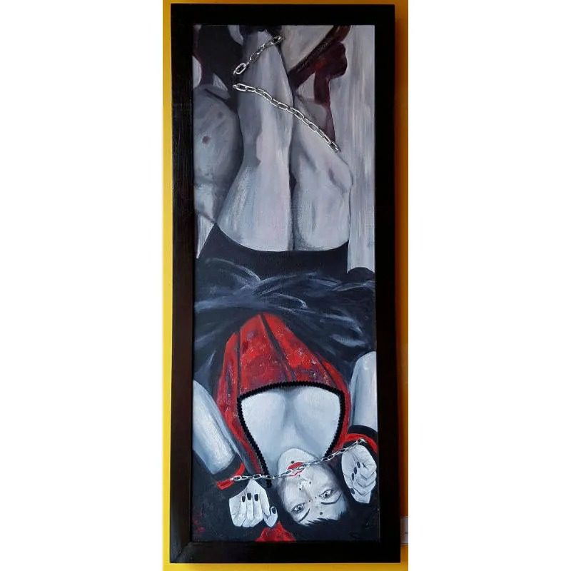 A painting of two women hanging upside down.