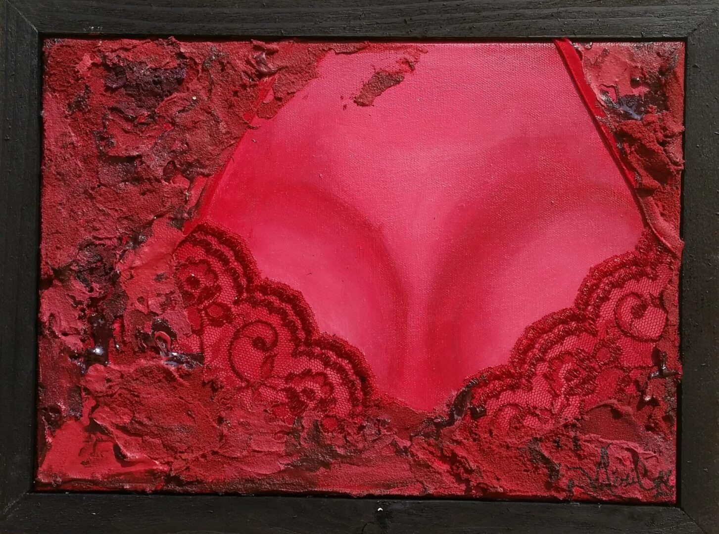 A painting of a red bra and lace