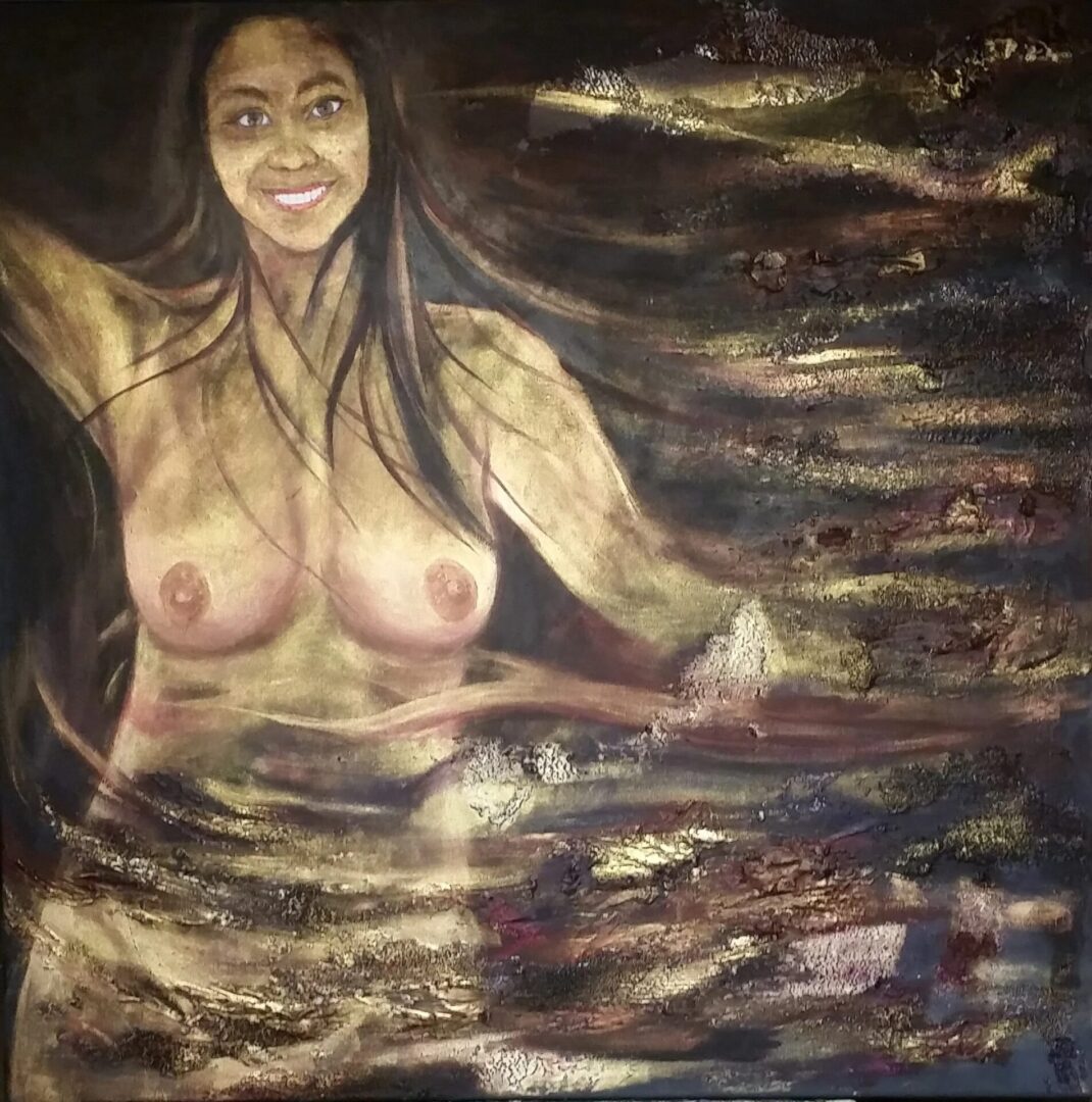 A painting of a woman with fish in the background.