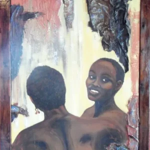 A painting of two men looking at each other in the mirror.