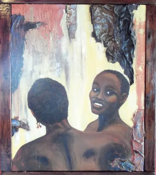 A painting of two men looking at each other in the mirror.