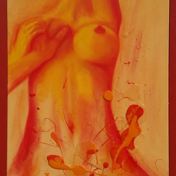 A painting of a naked woman with orange and yellow paint.
