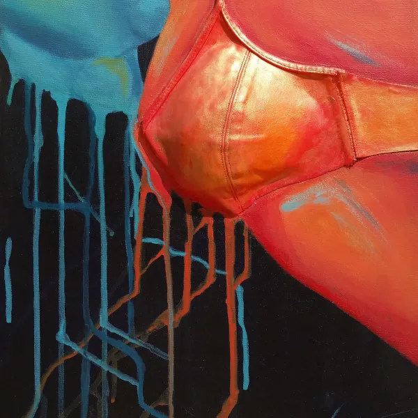 A painting of a person with an orange and blue bra