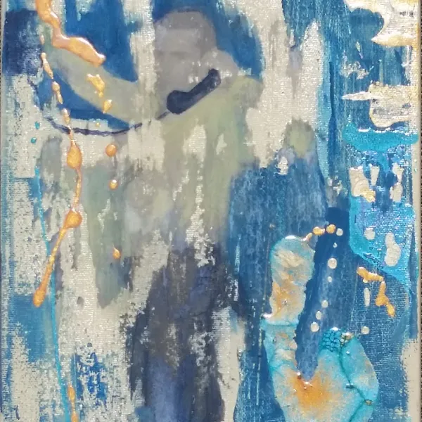 A painting of blue and white with yellow accents.