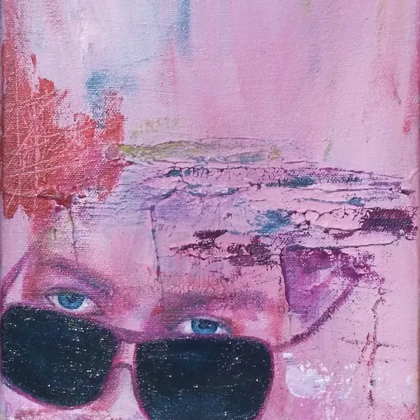 A painting of a woman wearing sunglasses