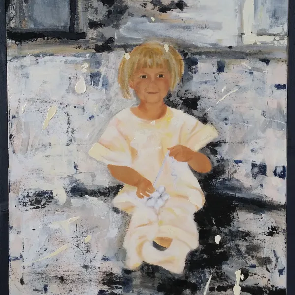 A painting of a child holding a wii controller.