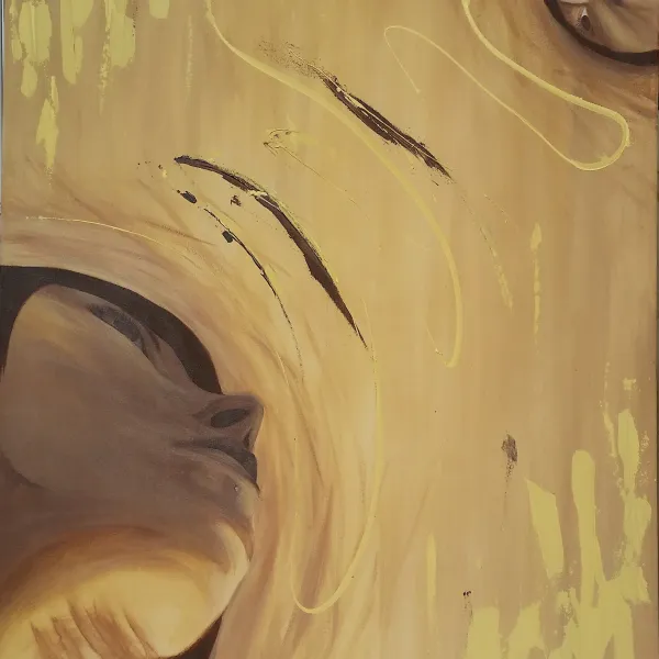 A painting of a person 's face and some brown paint.